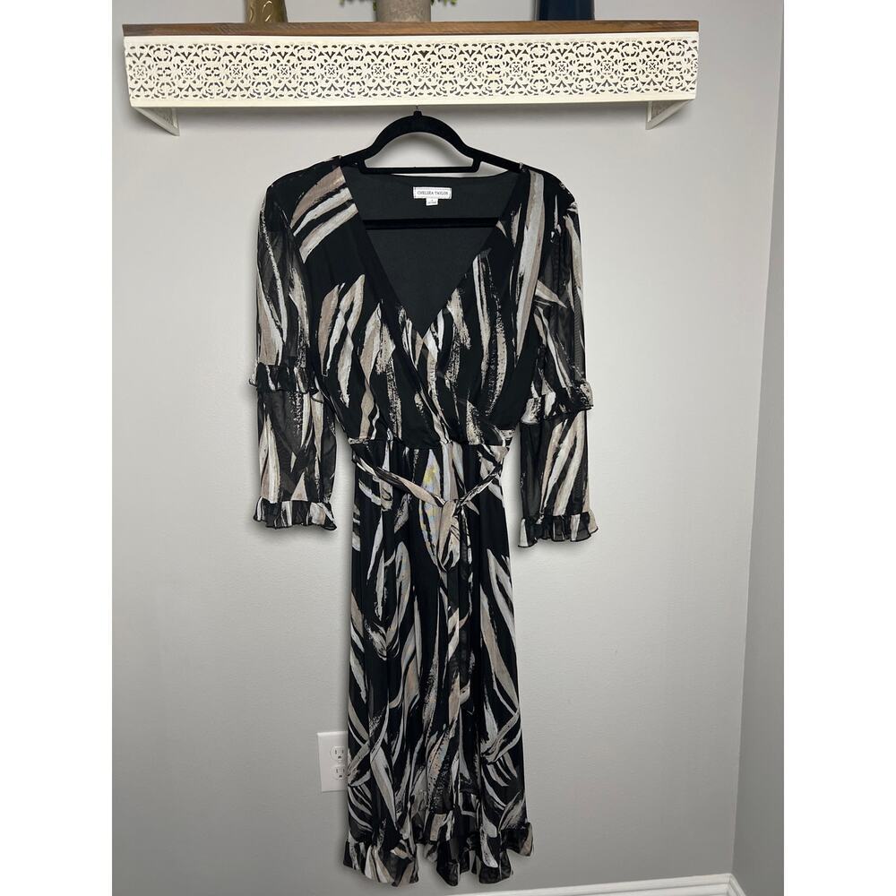 Chelsea Taylor Faux Wrap Black with Brown Midi Dress Size Small
